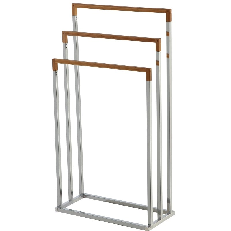 Piantana portasciugamano in acciaio cromato e bamboo 3 bracci alto 75 cm Feridras 154016-b