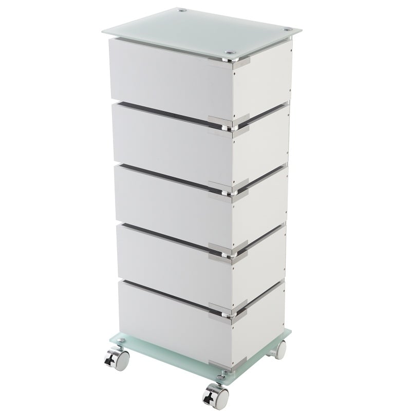 Carrello in acciaio cromato con ripiani in vetro 5 cassetti Feridras 221007-b