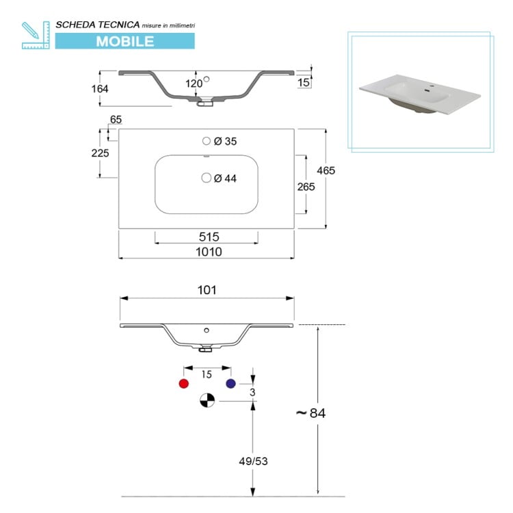 Mobile da bagno 102cm bianco laccato con 2 ante e 3 cassetti Mondo 2.0 Feridras