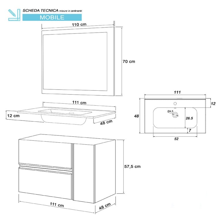 Mobile da bagno sospeso 110cm grigio ossido con 2 cassetti Oxid Feridras