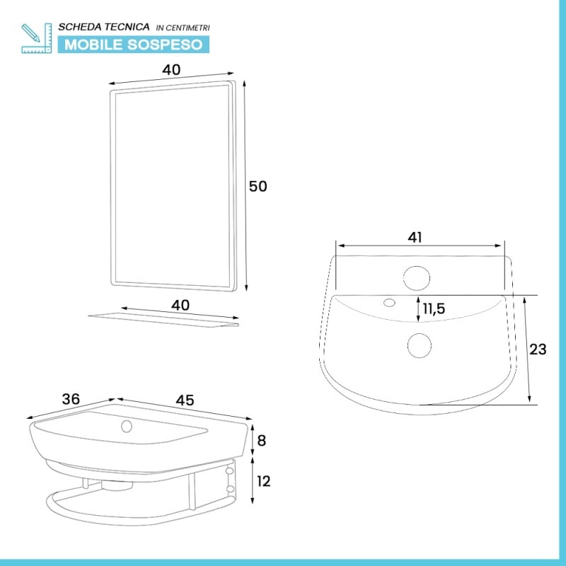 Mobile da bagno sospeso 45cm in metallo nero Borg Feridras