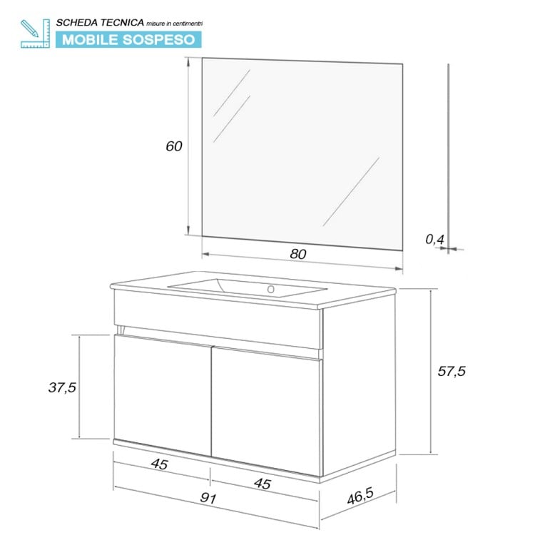 Mobile da bagno sospeso 90cm cemento con 2 ante Fabula Feridras