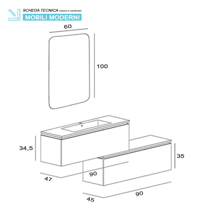 Mobile da bagno sospeso 90cm tortora con 2 cassetti separati Pastello Feridras