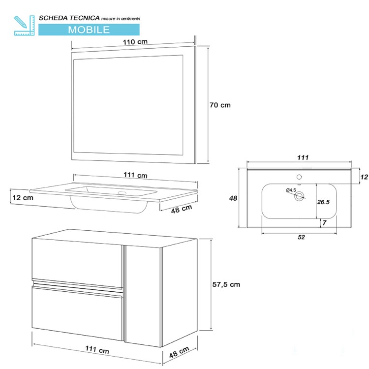 Mobile da bagno sospeso 110cm cenere con 2 cassetti Oxid Feridras
