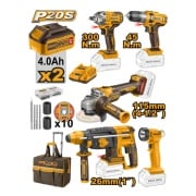 Ingco CKLI2019 Set 5 elettroutensili 20V Smerigliatrice Tassellatore Trapano a batteria con 2 Batterie e Trolley
