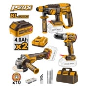 Ingco COSLI240202 Set elettroutensili 20V Smerigliatrice Tassellatore Trapano a batteria con 2 Batterie e borsa